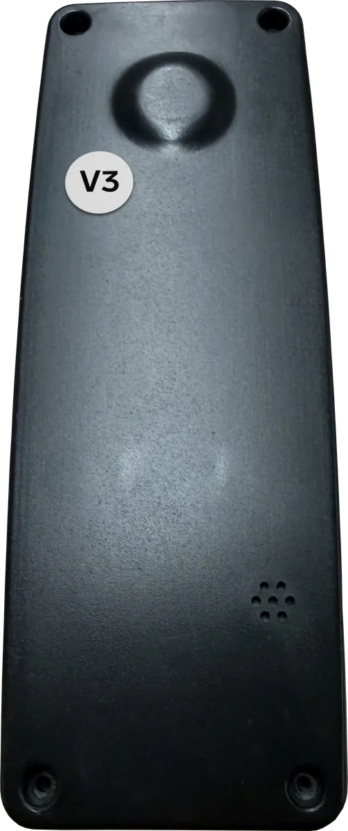 Back of a V3 Elecbrakes remote, showing the round V3 sticker